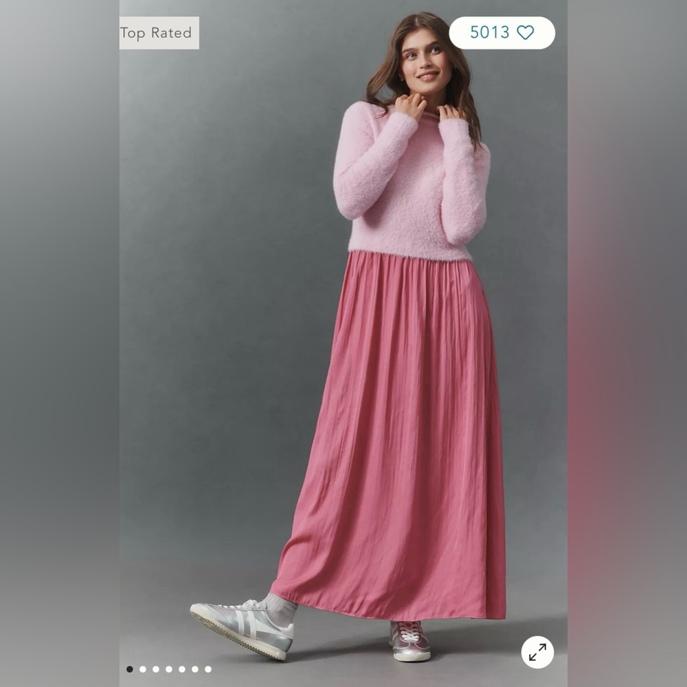 Anthropologie The Thea Long-Sleeve Eyelash Twofer Sweater Dress in Pink L NWT